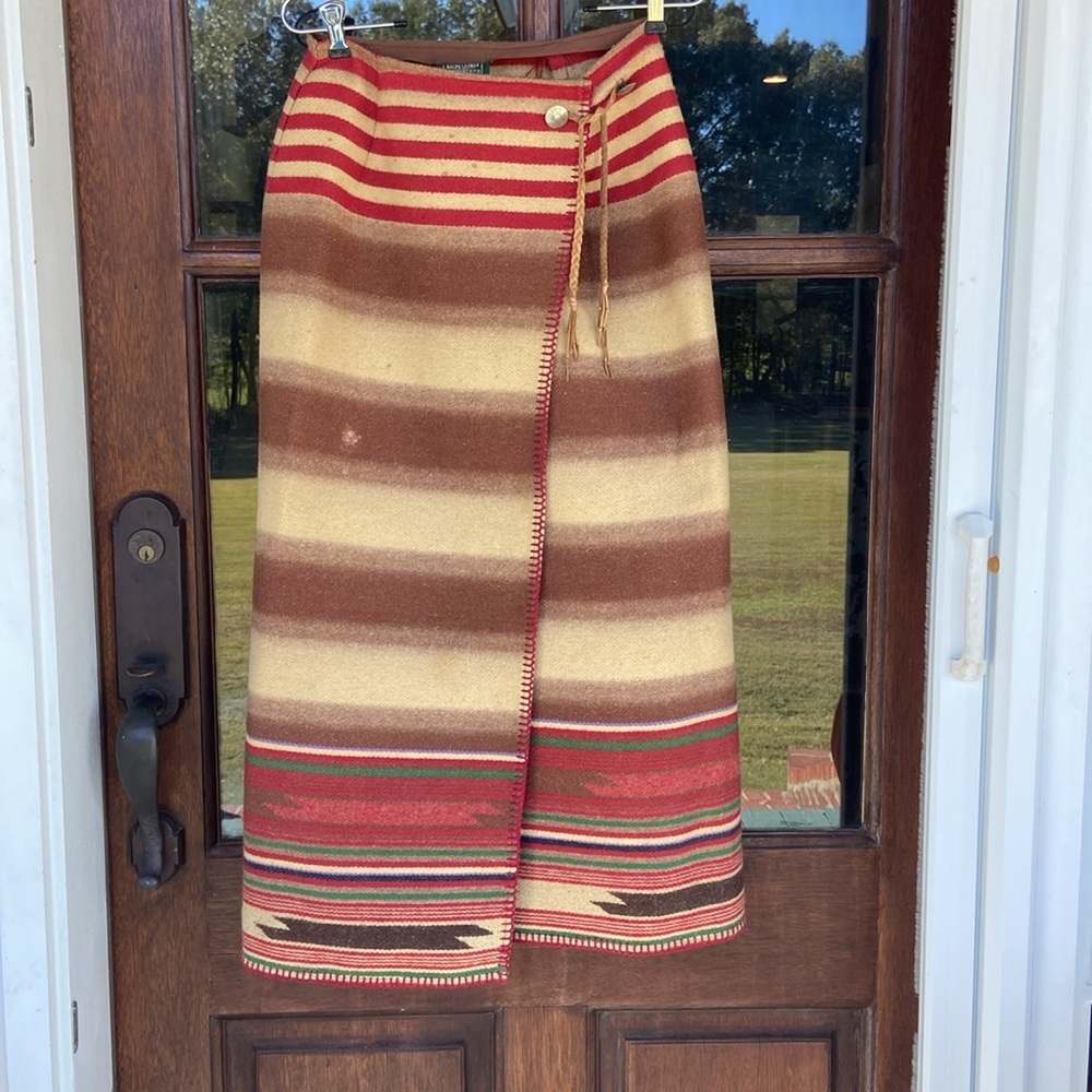 Ralph Lauren Brown, Tan & Red Striped Wool Wrap Skirt